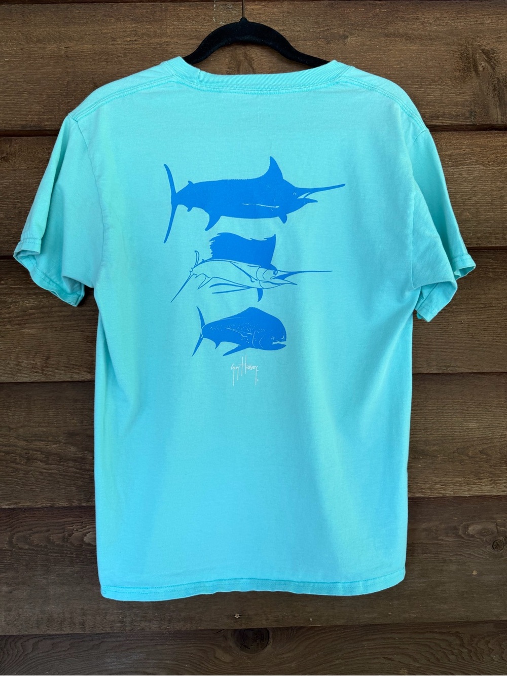 Guy Harvey Aqua Blue Men’s Medium Short Sleeve Tee with Blue Fish Graphic